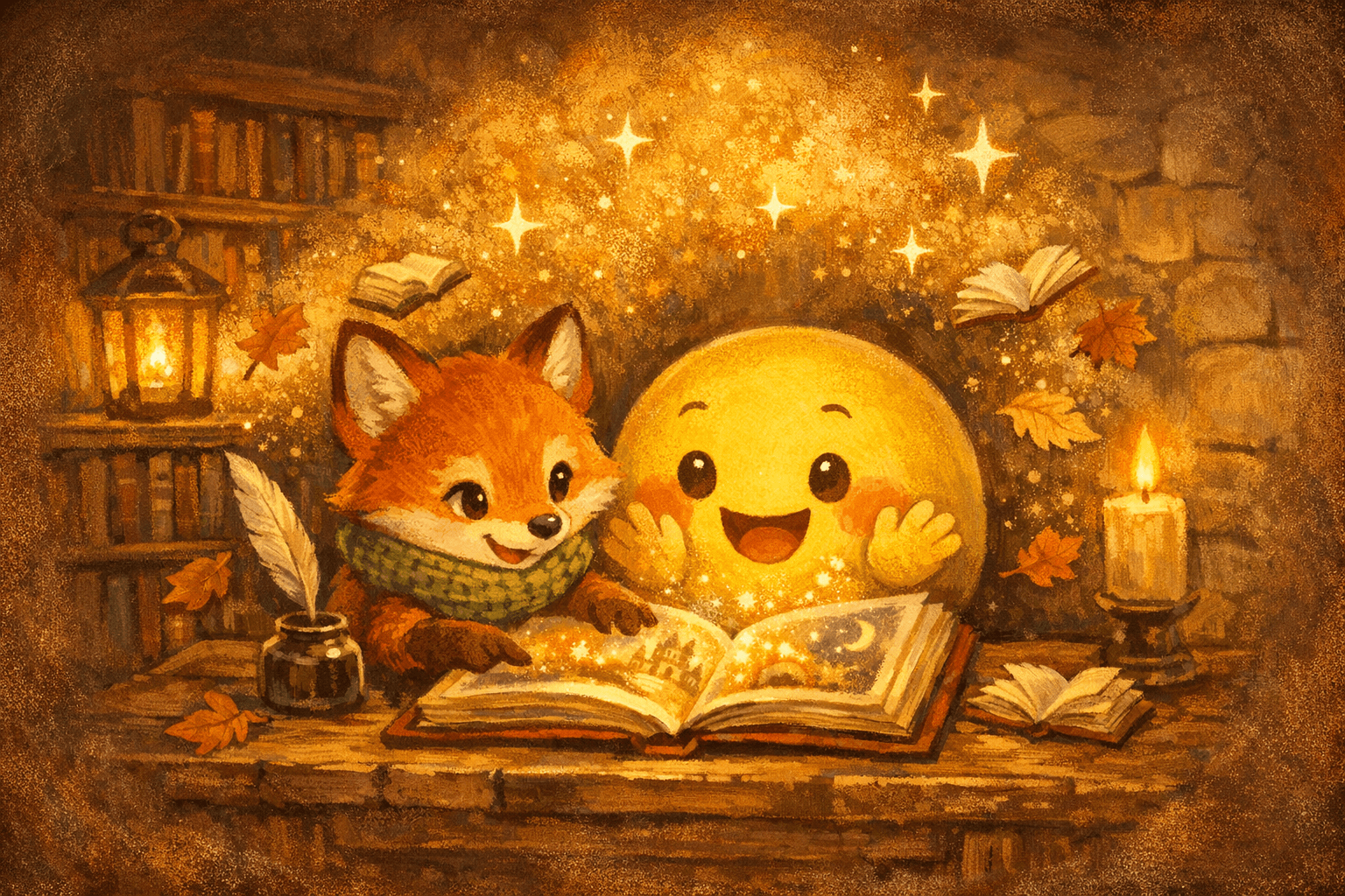 The StoryFox fox and Hugging Face mascot sharing a glowing storybook at a cozy candlelit desk